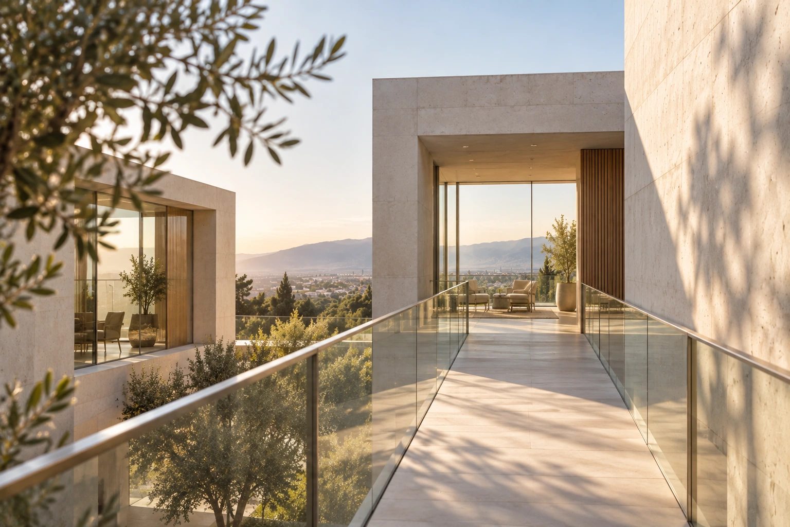 Architecture contemporaine claire ouverte sur un paysage