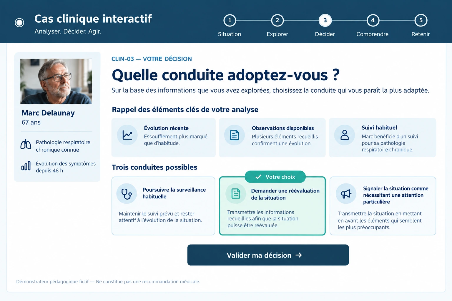 Cas clinique interactif : écran de décision dans une situation patient